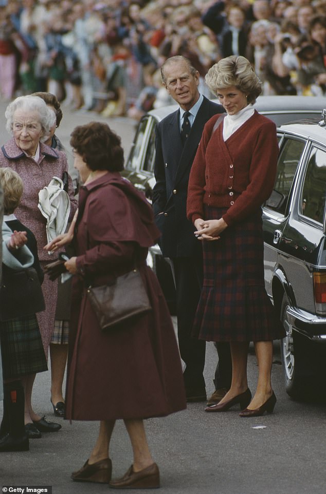 Diana, her father-in-law Prince Philip and Princess Margaret are greeted by Lady Ruth, far left, in Scrabster, Scotland, in 1985