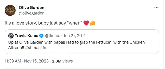 Olive Garden published a tweet on X earlier this month about Kelce's approval of its food