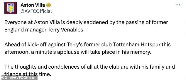 Aston Villa also shared a condolence message for Venables following his death