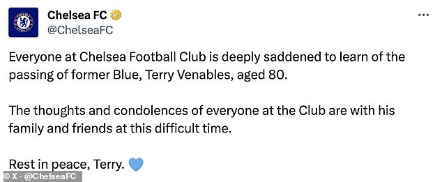 Chelsea, one of Venables' former clubs, also paid tribute to the late England manager