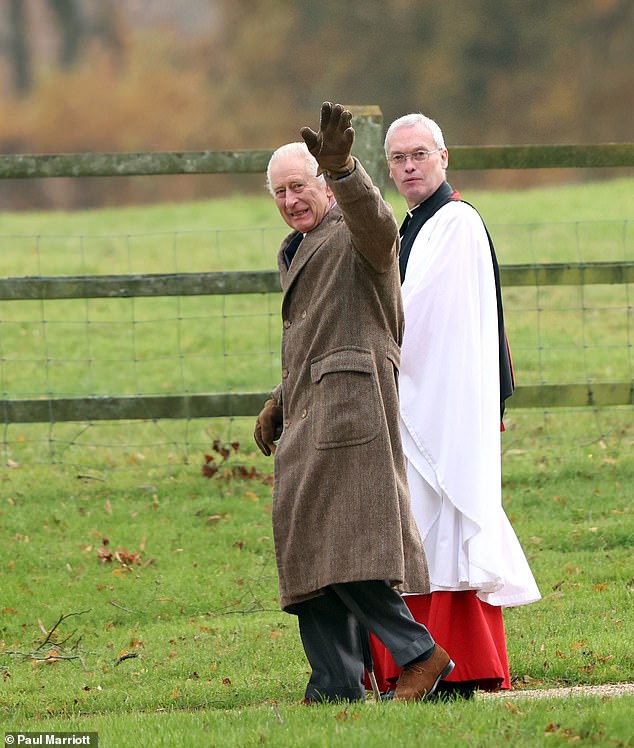 The king appeared cheerful as he smiled and waved as he met the minister outside St Mary Magdalene Church