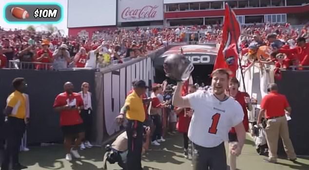 The video ends with MrBeast leading Tampa Bay onto the field against the Falcons