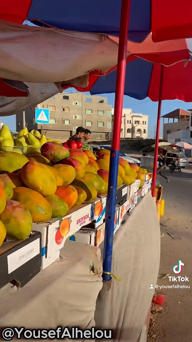 Another shows a market stall selling mangoes, pears and other fruits