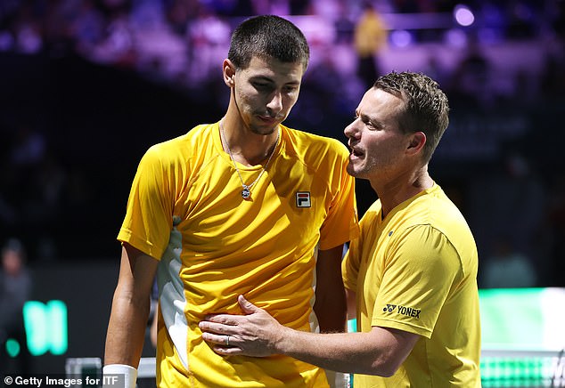 Alexei Popyrin is consoled by Hewitt after losing 7-5 2-6 6-4 to Matteo Arnaldi despite having many chances to win the match