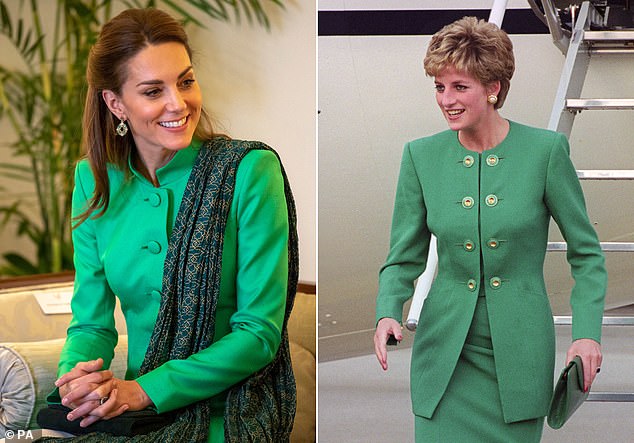 Princess Catherine wears a spring green tunic during a visit to Pakistan in 2019 (left) and Diana wears a similar green tunic during her trip to France in 1992 (right)