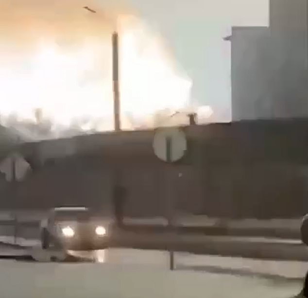 Images show flames rising high into the sky at the factory, which makes engines for tanks and armored vehicles for the Russian army