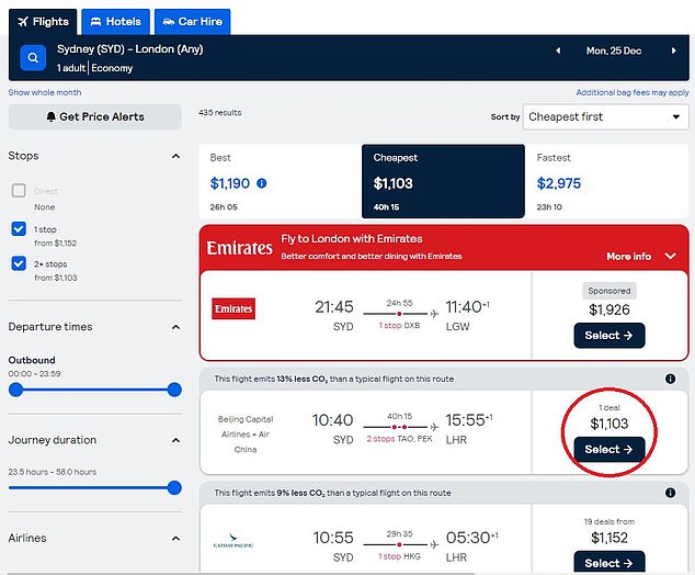 One-way flights from Sydney to London on Christmas Day start at $1049 on Beijing Capital Airlines or $1152 on Cathay Pacific.  Skyscanner's 'Explore Everywhere' search tool can help you find the cheapest flights