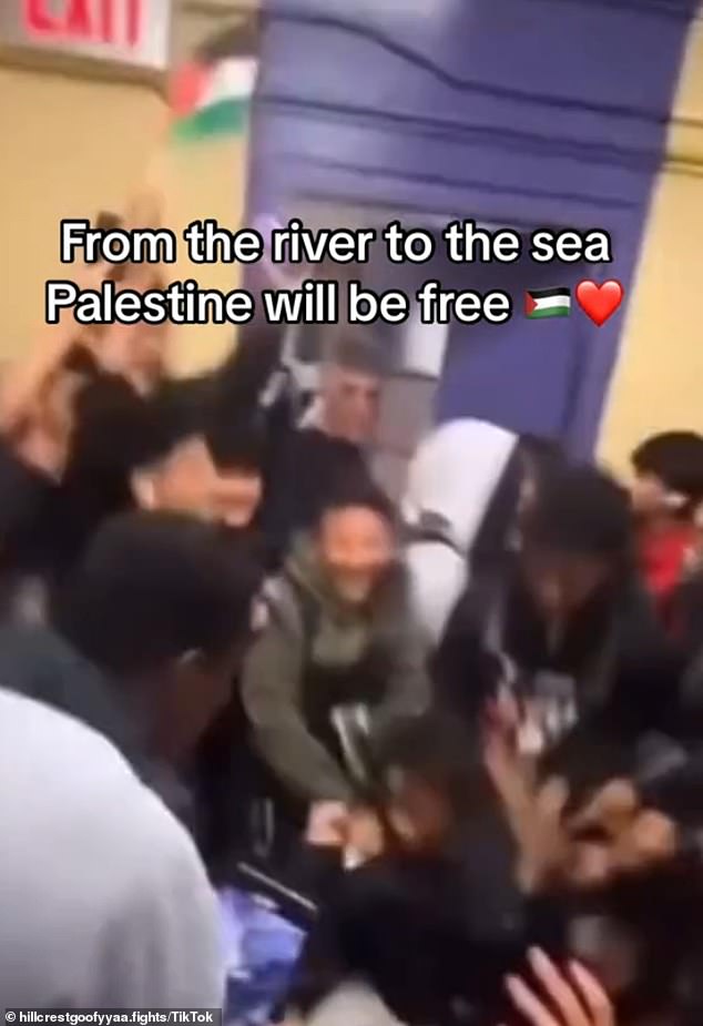 In a video shared on social media sites like TikTok and X, students are seen waving Palestinian flags as they regularly jump up and down in the hallways.  This riot occurred before the officer was beaten