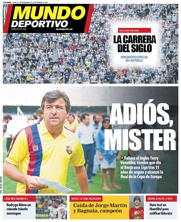 Both newspapers start with the caption 'Adios, Mister', with Mundo Deportivo printing a photo of him wearing a Barcelona training kit