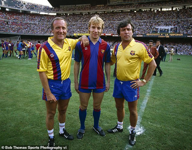 Venables (right), pictured here with assistant Allan Harris (left) and new signing Steve Archibald (centre) at Camp Nou, joined Barcelona in 1984
