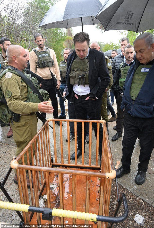 In another poignant moment, the Tesla founder was shown a baby's crib that now contains the rifle grenades from that fateful day.