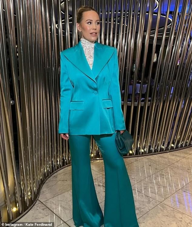 Looks good!  She also took part in a night out with husband Rio at the Wish premiere, where she posted a photo of her aquamarine satin pantsuit