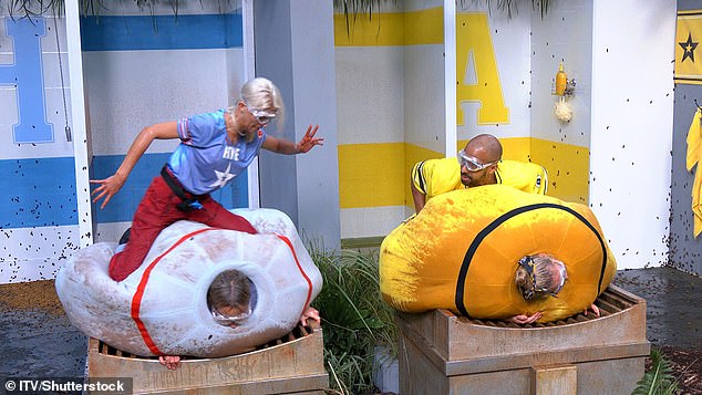 Wild: In this task she acted as a huge sponge as her huge outfit filled with liquid before Marvin had to jump on her to squeeze it out and fill a container to win