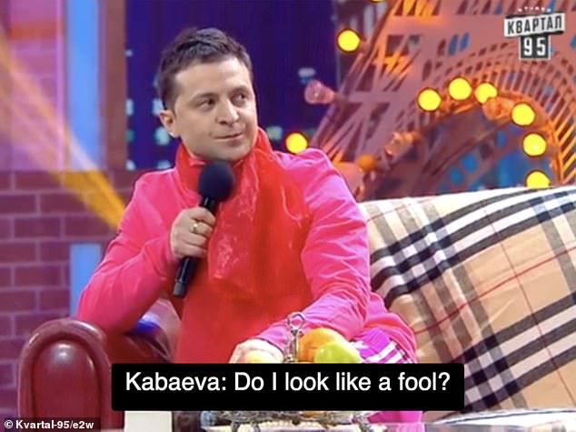 The parody sees Putin returning home late to be berated and threatened with a sex ban by Kabaeva – who is 30 years his junior – played by Zelensky