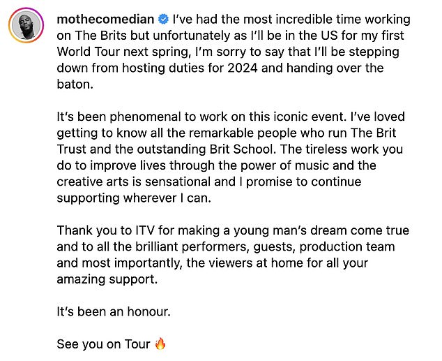 The announcement: Mo revealed the news in a statement on his Instagram, alongside photos from his time at the helm of the awards