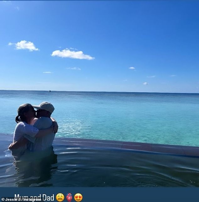 Sweet: In another photo, Jessie and Chanan were seen cuddling together in the infinity pool.  Jessie captioned the photo, calling her dad, who was along for the holiday, 