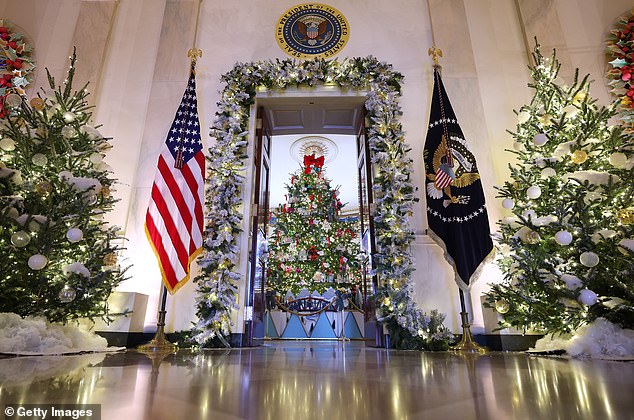 The official White House Christmas tree is in the Blue Room