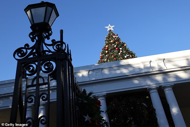 There is a Christmas tree on top of the entrance to the White House