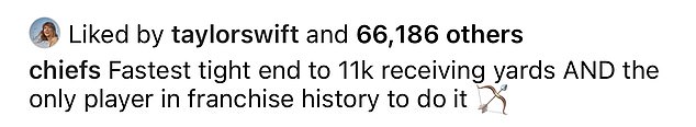 Swift liked an Instagram post dedicated to Kelce after his record-breaking performance