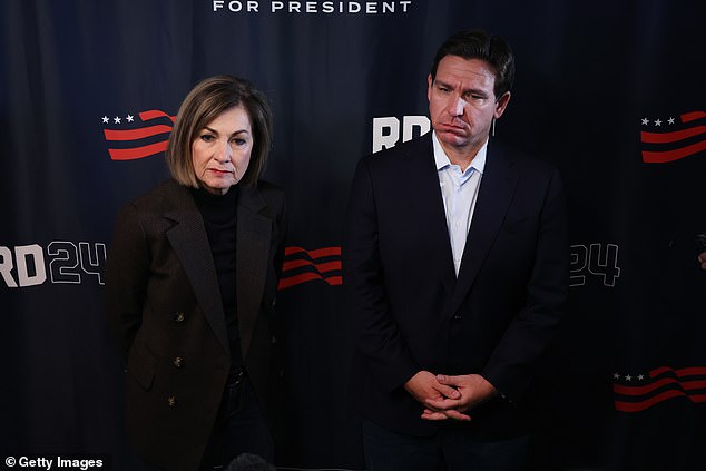 DeSantis has received major endorsements in Iowa – including from Iowa's beloved Governor Kim Reynolds (left).  Pictured: DeSantis and Reynolds speaking at a press conference in Davenport, Iowa on November 7