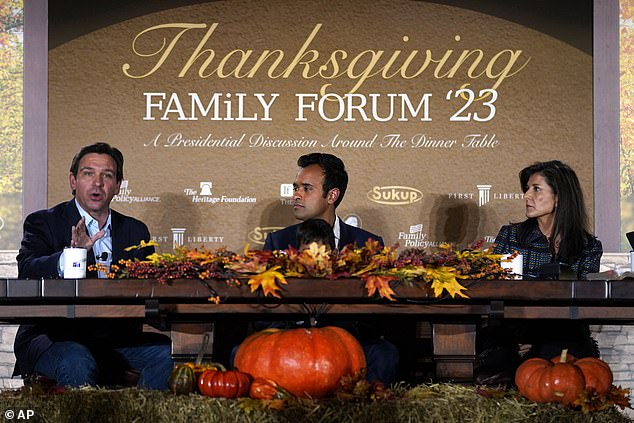 DeSantis and Haley are pictured with biotech entrepreneur and fellow 2024 presidential candidate Vivek Ramaswamy at the Family Leader's Thanksgiving Family Forum in Des Moines, Iowa