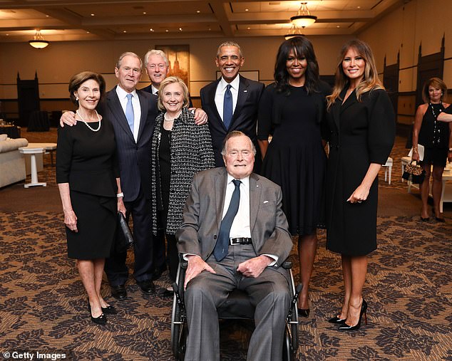 Laura Bush, George W. Bush, Bill Clinton, Hilary Clinton, Barack Obama, George HW Bush, Michelle Obama and Melania Trump at the funeral ceremony for the late first lady Barbara Bush on April 21, 2018 in Houston, Texas