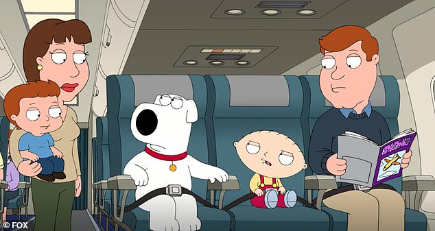 The woman eventually shuffles out of view and returns to her seat as Stewie and Brian continue their previous conversation