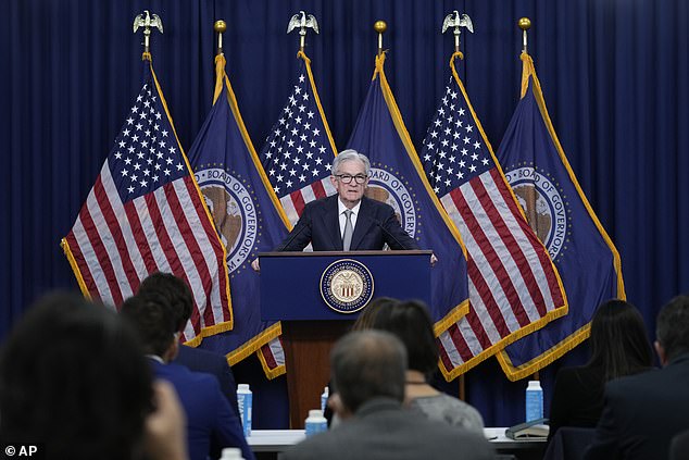 The Fed began its aggressive rate hike campaign in March 2022, bringing rates to their current 22-year high of between 5.25 and 5.5 percent (photo by Fed Chairman Jerome Powell)