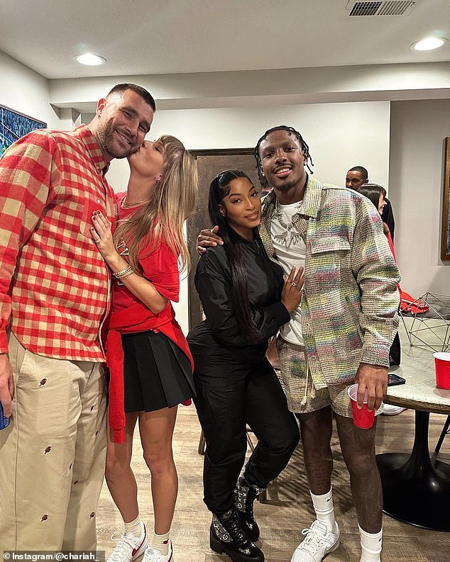 Many have questioned whether the couple, pictured with Kelce's teammate Mecole Hardman Jr and his girlfriend, is real or if the romance is for the cameras.