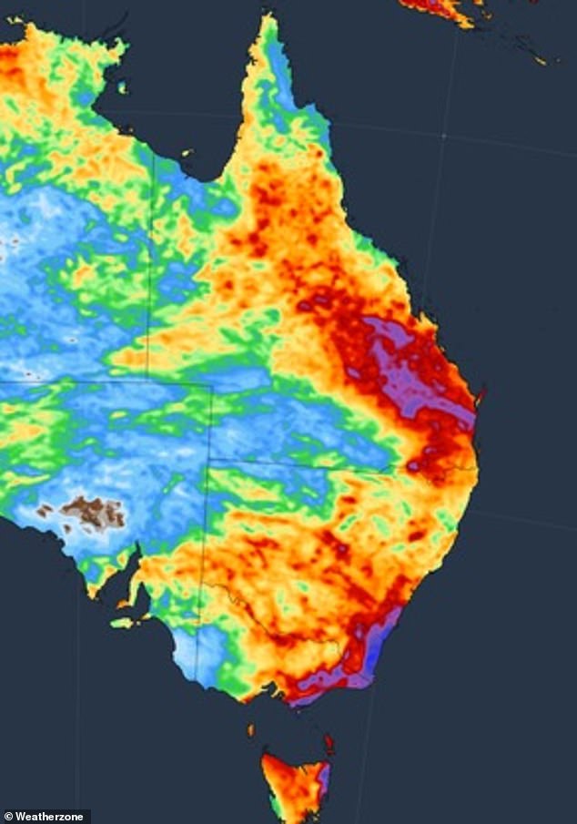 Above, a Weather Zone chart shows the areas expected to be affected by the most significant rainfall in red and purple, in the most extreme case.  Blue and green represent lighter rainfall