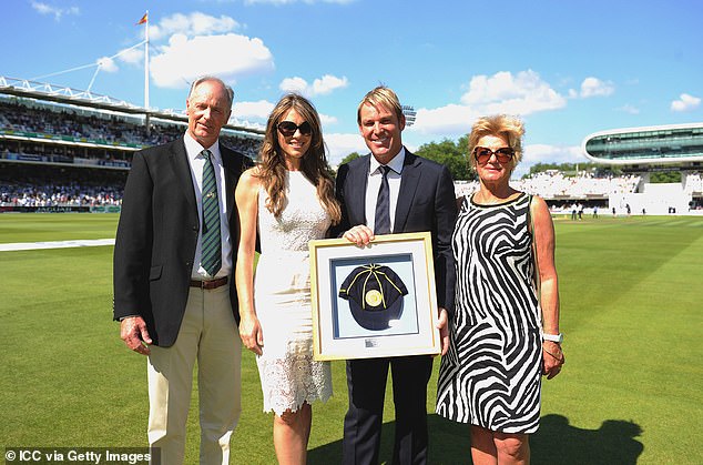 Warne's parents Brigitte and Keith, pictured with Warne and Liz Hurley when he was inducted into the ICC Hall of Fame, also want more Aussies to have a heart test