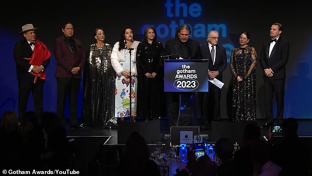 Costars: De Niro was surrounded on stage by DiCaprio and a number of Native American actors and members of the Osage Nation who advised on the making of the film