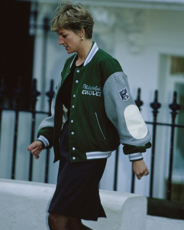 Princess Diana in an Eagles Letterman jacket outside London's Wetherby Prep School in 1991