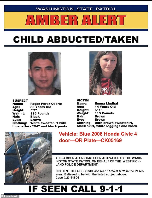 The Washington State Patrol posted an Amber Alert with a photo of the missing teen, Emma Liudhal, and the suspect, Roger Perez-Osorio, and a photo of the blue 2006 4-door Honda Civic with the license plate: CK05169