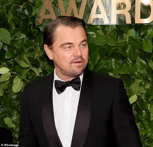 Handsome: DiCaprio wore his hair in a parted and sleek style to complement his dapper tuxedo