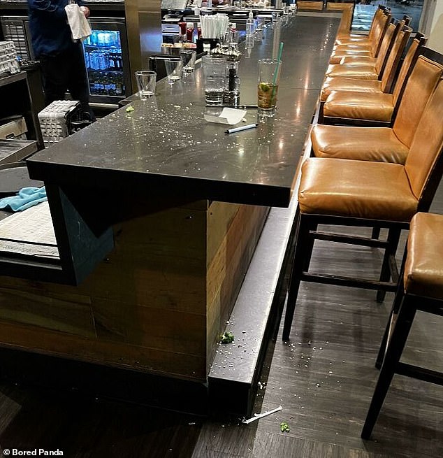 One waiter shared a photo of what they thought was the bar in their establishment covered in bits of food after he sneezed with food in his mouth