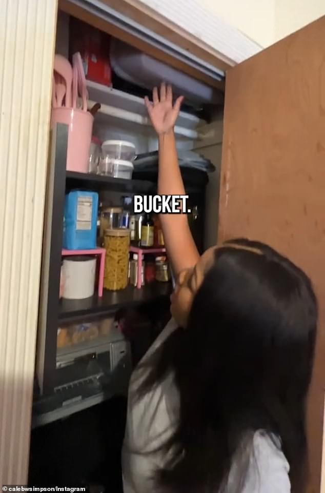 Egypt then reveals that she has converted her closet into her cooking space – with the shelves stocked with pantry staples, a toaster oven and what appears to be a small refrigerator.