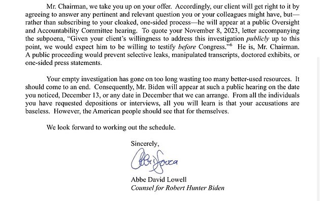 Hunter Biden's attorney, Abbe Lowell, wrote to House Oversight Chairman James Comer