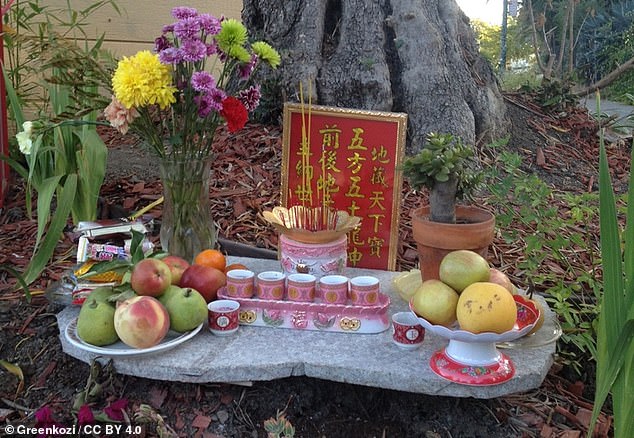 Depicted are offerings of fruit and flowers to the Buddha.  Image courtesy of Creative Commons Licensing