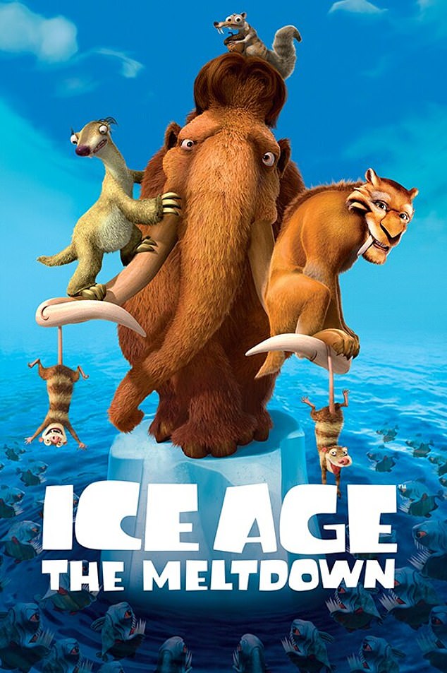 All nine films in the Ice Age series are included in Disney+ 'Merry Marathons' this holiday season, including the 2002 original about a wacky trio of prehistoric animals who save a human baby (2006 Ice Age Meltdown photo)