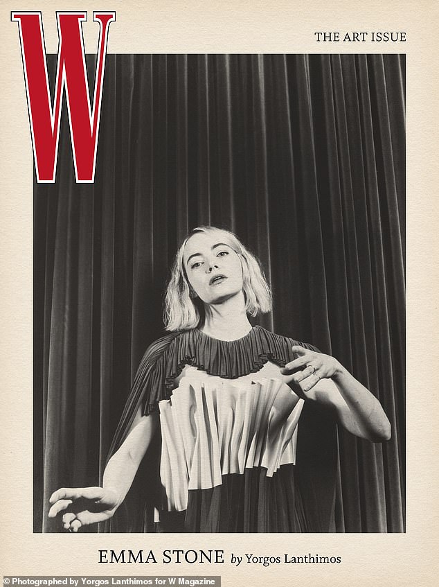 The 35-year-old actress is the cover girl of W magazine's Art Issue, draped in a pleated, tiered Louis Vuitton dress inspired by Yorgos' office curtains