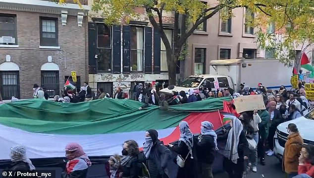 Protesters also closed off 34th Street and 6th Avenue in Manhattan with a huge Palestinian flag