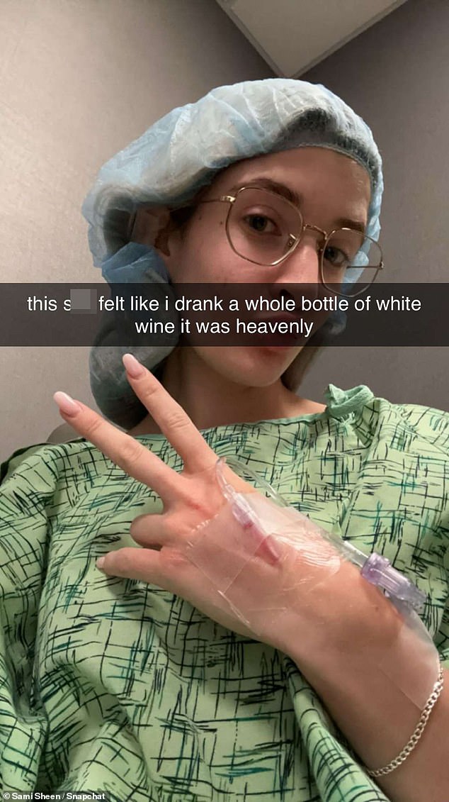 Getting ready: The star also went makeup-free as she took another selfie while getting an IV, writing: 'this felt like drinking a whole bottle of white wine, it was heavenly'