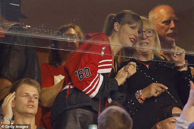 Swift pictured with Kelce's mother Donna while watching a Chiefs game at Arrowhead Stadium