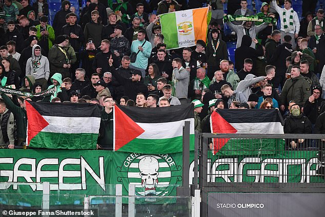 Celtic's banned Green Brigade was present and displayed a number of Palestinian flags