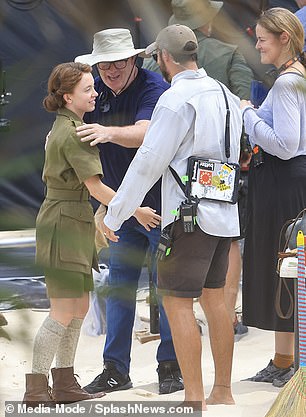 The White Lotus actress was seen having a light-hearted interaction with some crew members while filming on set