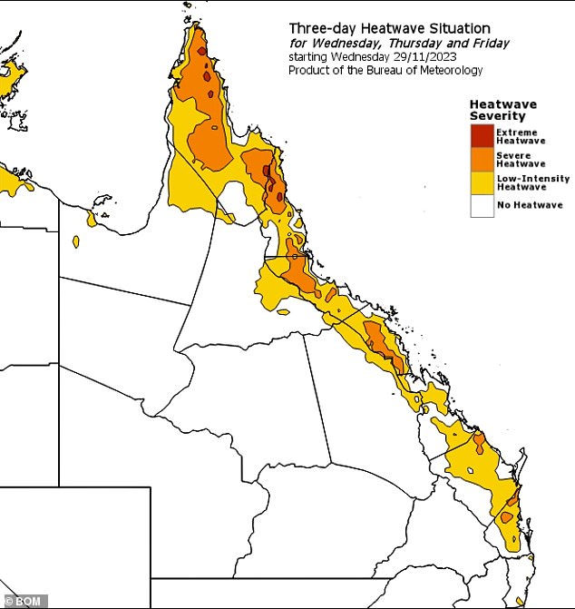 A low to extreme heatwave (above) is expected to affect Queensland's coastline until Friday