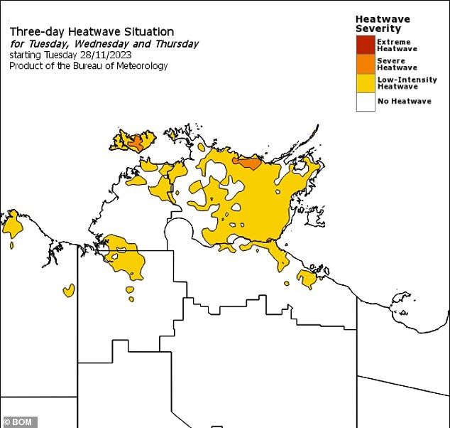 A low-intensity heatwave (above) will linger over the Northern Territory as storms continue in Darwin