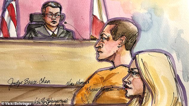 Momeni, dressed in orange prison garb, whispered and waved to his sister Khazar Elyassni and mother Mahnaz Momeni, who sat about twenty feet behind him in the courtroom at San Francisco's Hall of Justice