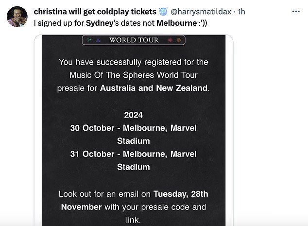 Australian fans have expressed their interest in pre-sale tickets for Coldplay's 2024 Music of the Spheres world tour. But many are receiving emails confirming they have been given access to tickets in a state other than the one they signed up for